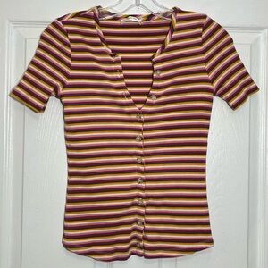 MAEVE by ANTHROPOLOGIE Ribbed Striped Multicolored Button Down Top | size XSMALL